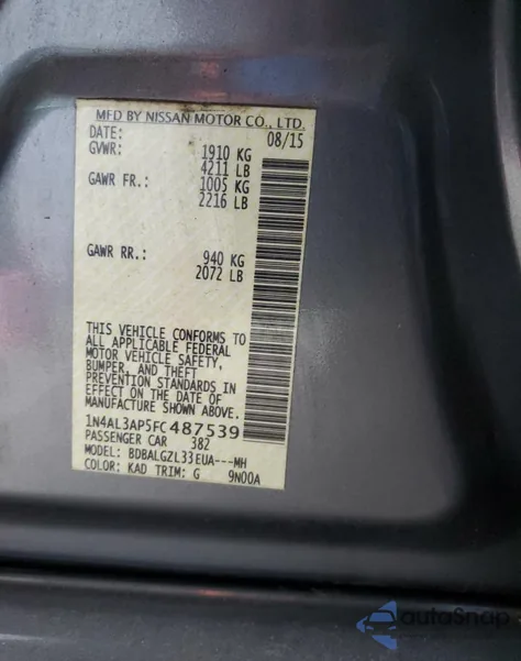 2015 Nissan Altima 2.5 z USA, uszkodzony, nr VIN 1N4AL3AP5FC487539